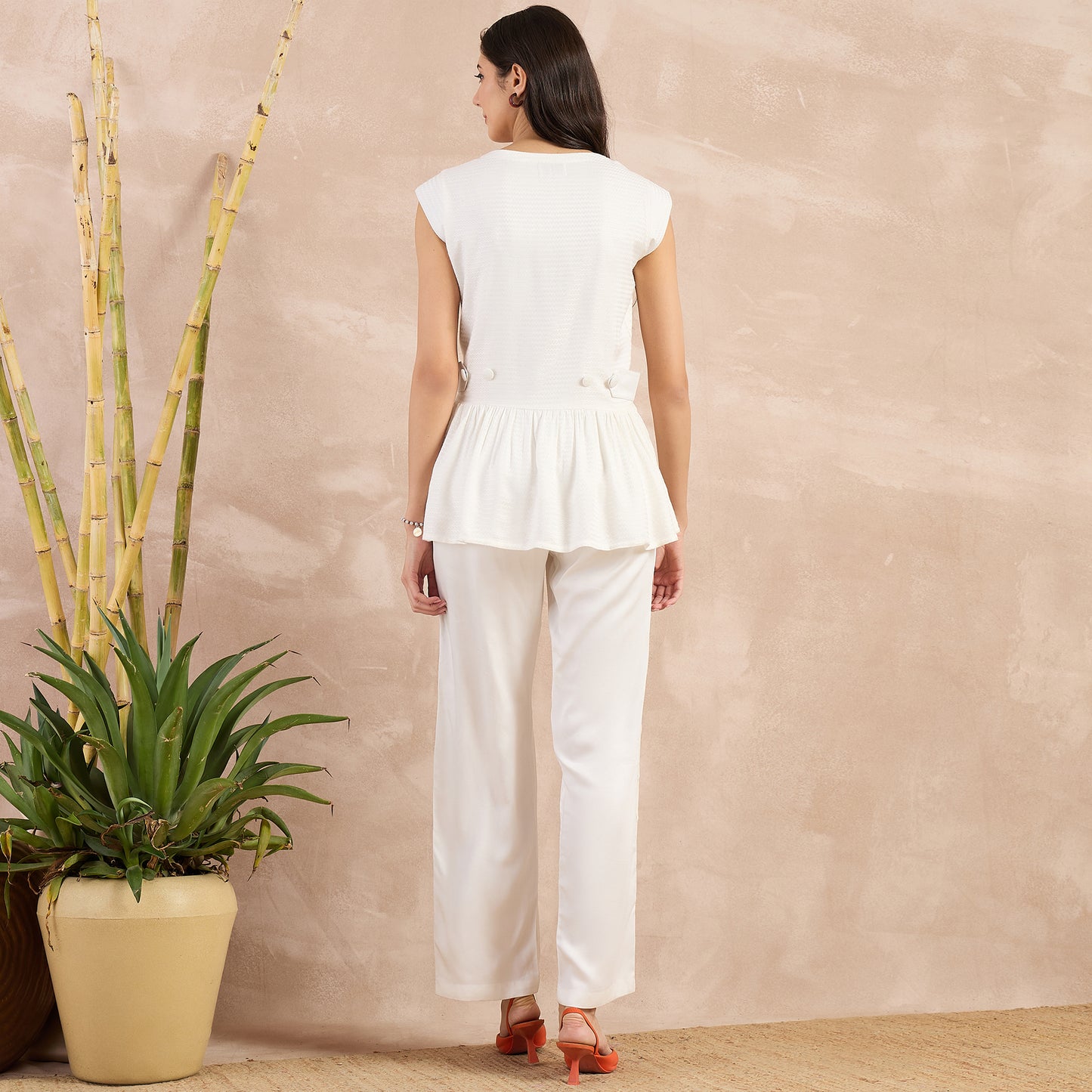 Off-White Herringbone Peplum Top and Button Down Straight Pants Set