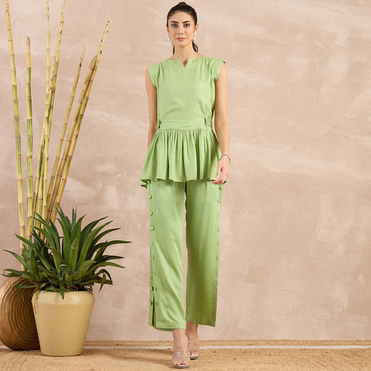 Pastel Green Herringbone Peplum Top and Button Down Straight Pants Set