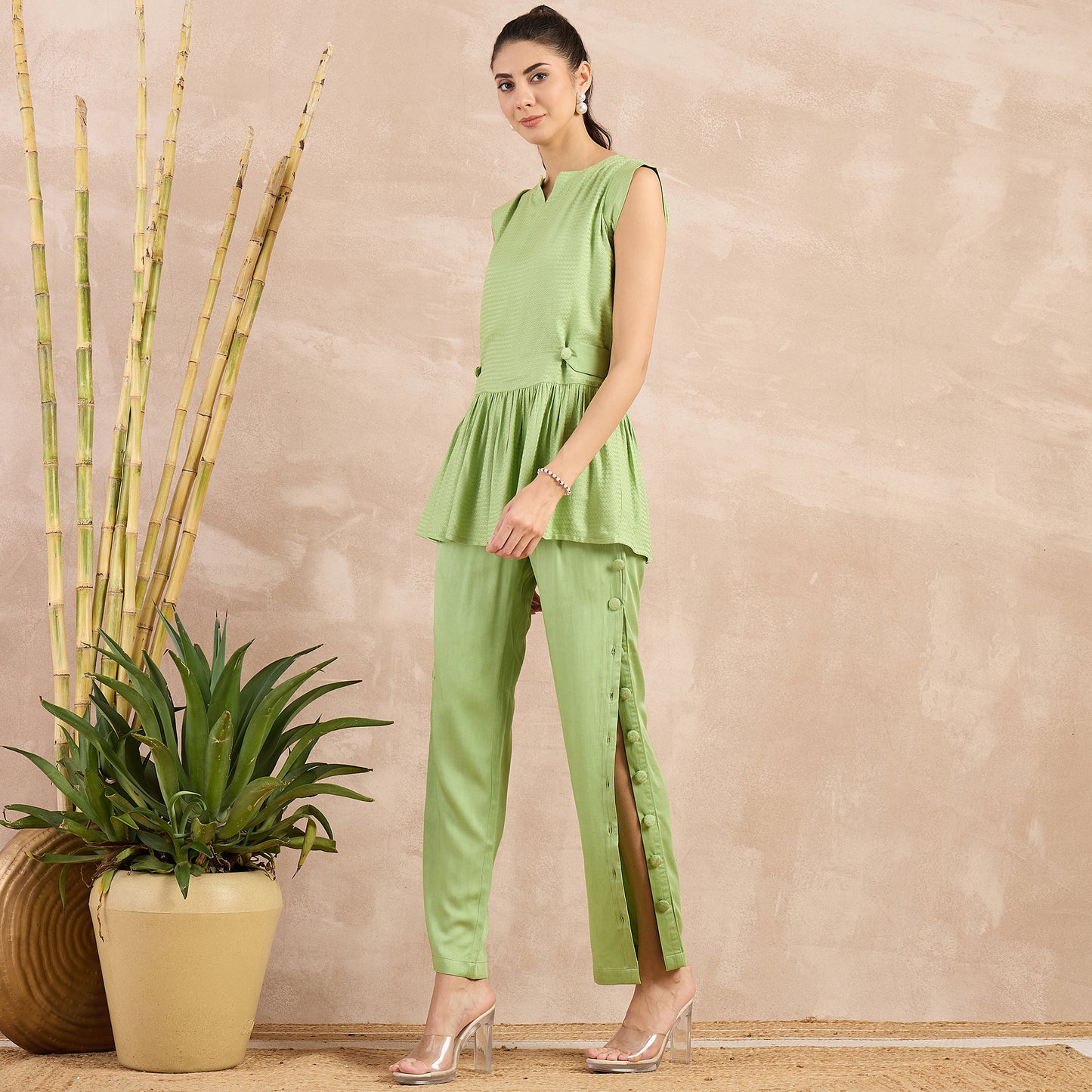 Pastel Green Herringbone Peplum Top and Button Down Straight Pants Set