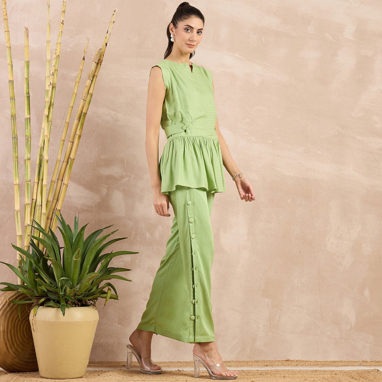 Pastel Green Herringbone Peplum Top and Button Down Straight Pants Set