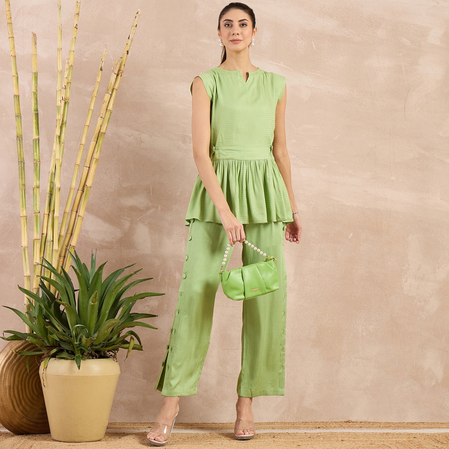 Pastel Green Herringbone Peplum Top and Button Down Straight Pants Set