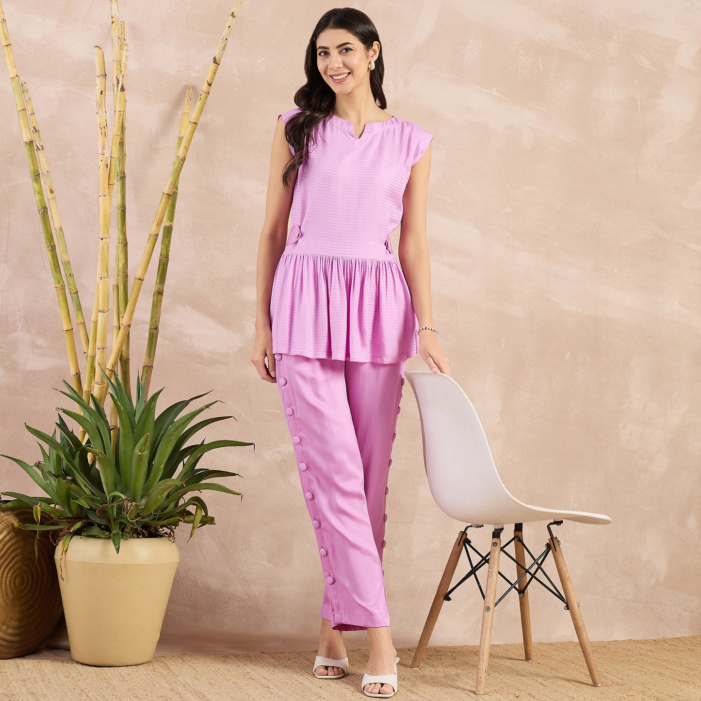 Purple Herringbone Peplum Top and Button Down Straight Pants Set