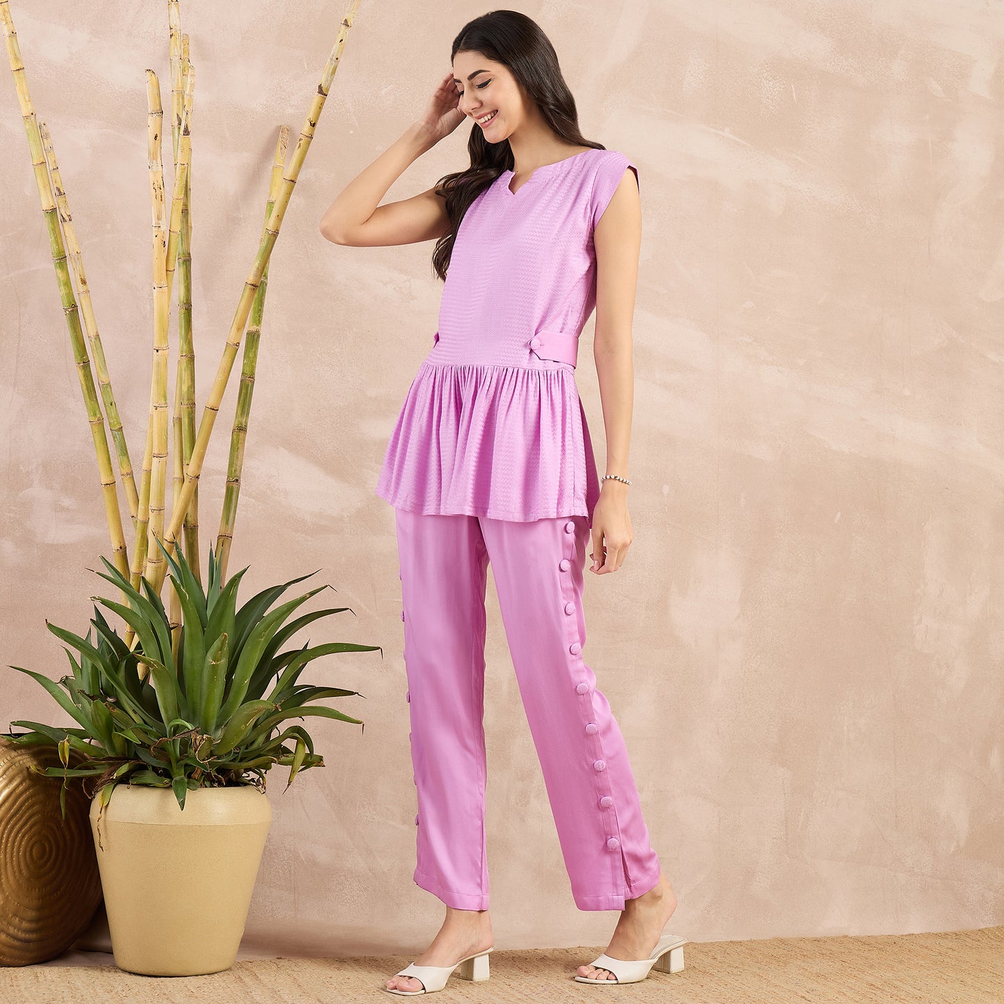 Purple Herringbone Peplum Top and Button Down Straight Pants Set