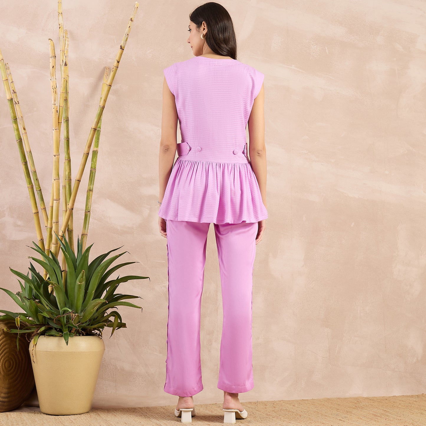 Purple Herringbone Peplum Top and Button Down Straight Pants Set