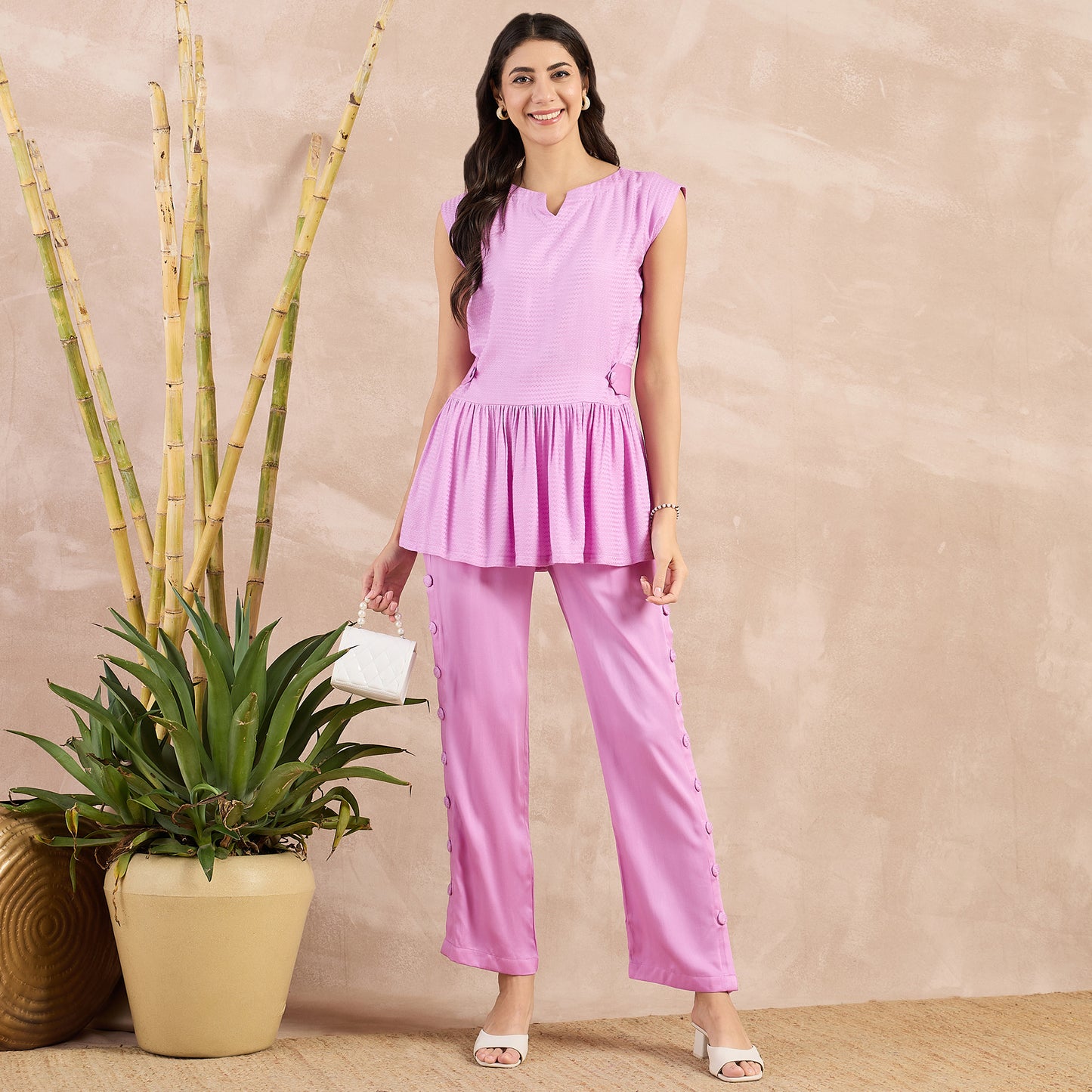 Purple Herringbone Peplum Top and Button Down Straight Pants Set