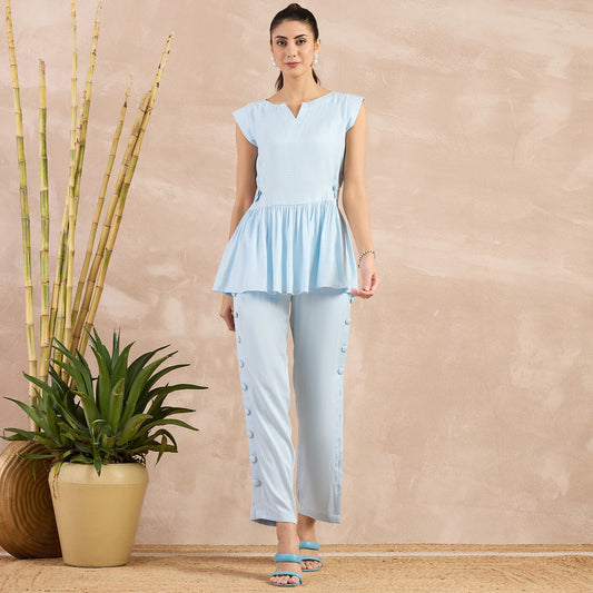 Sky Blue Herringbone Peplum Top and Button Down Straight Pants Set