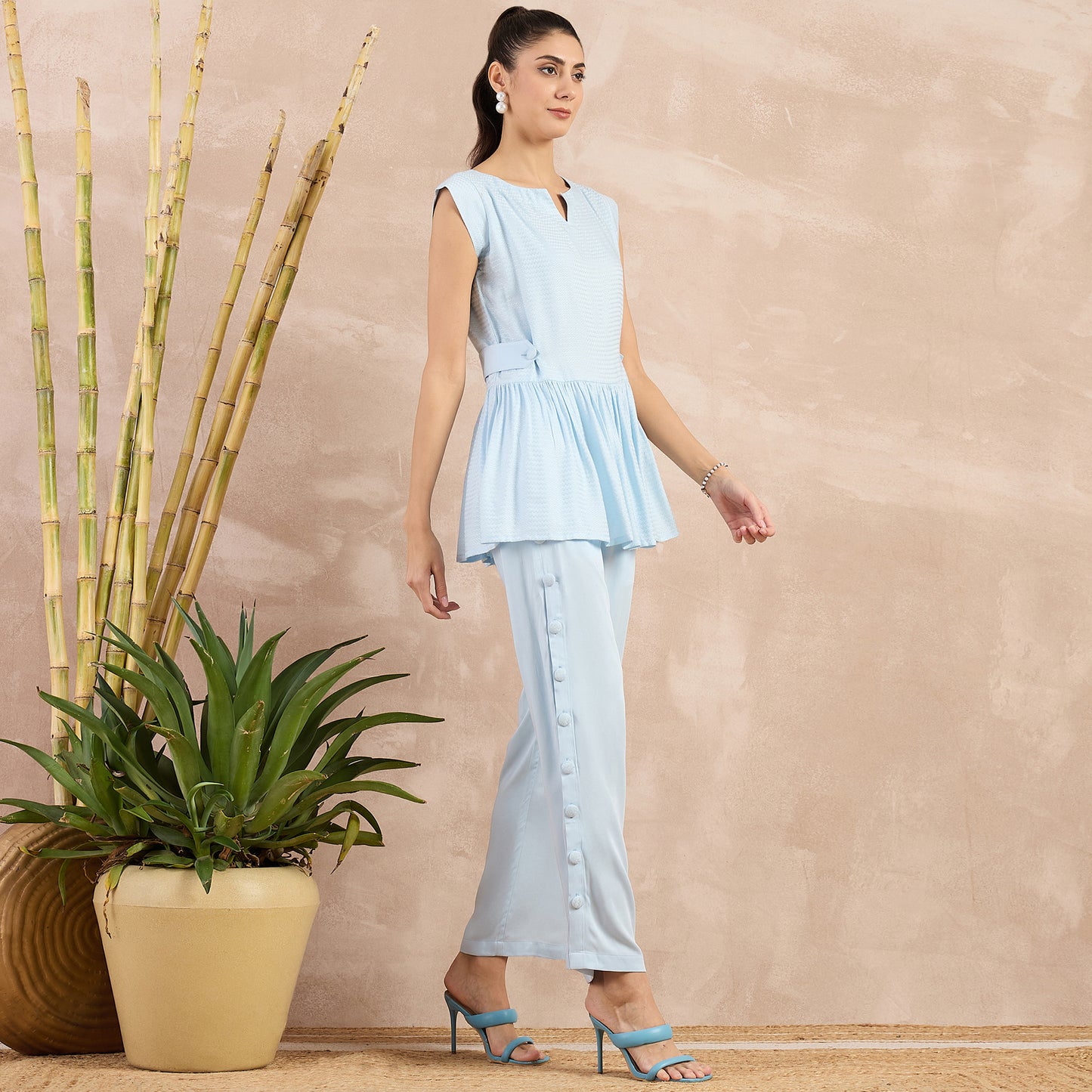 Sky Blue Herringbone Peplum Top and Button Down Straight Pants Set