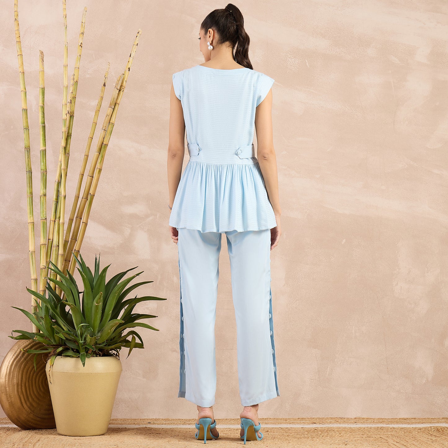 Sky Blue Herringbone Peplum Top and Button Down Straight Pants Set