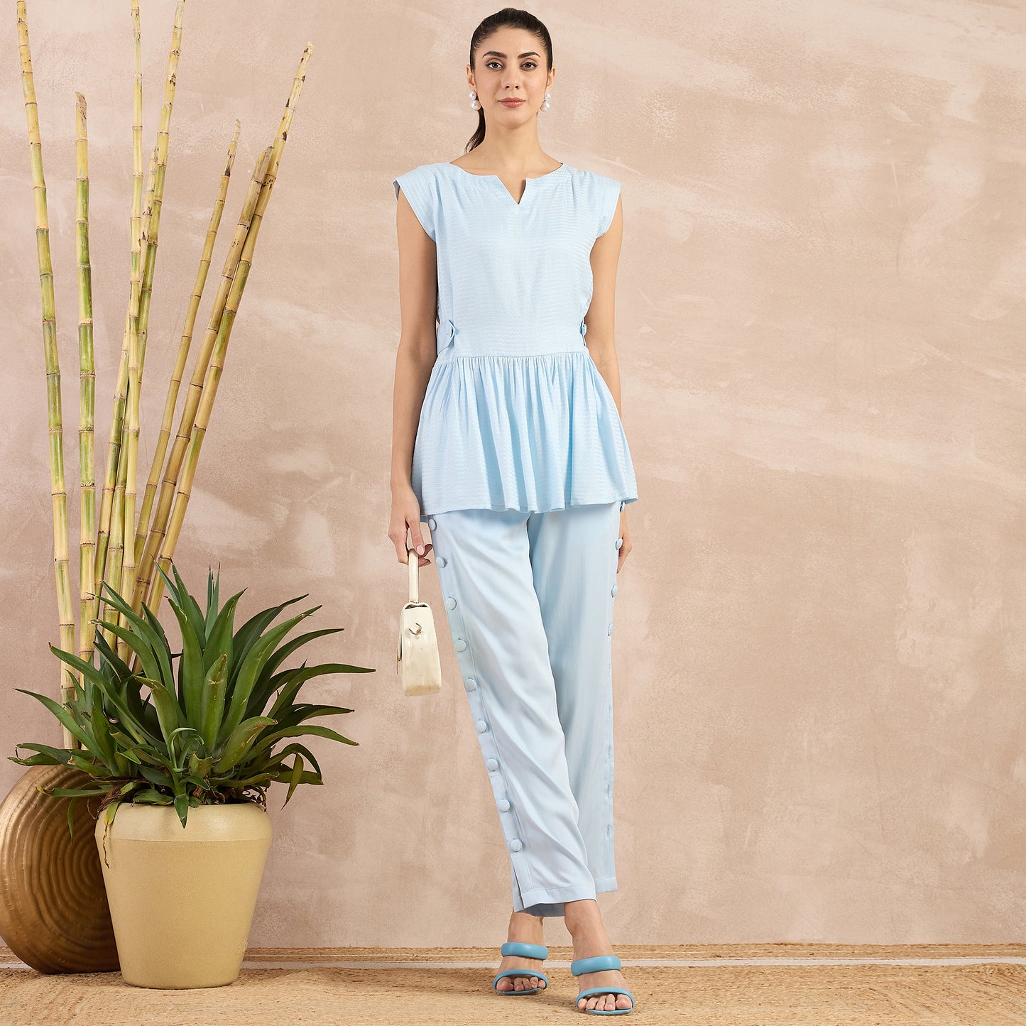 Sky Blue Herringbone Peplum Top and Button Down Straight Pants Set