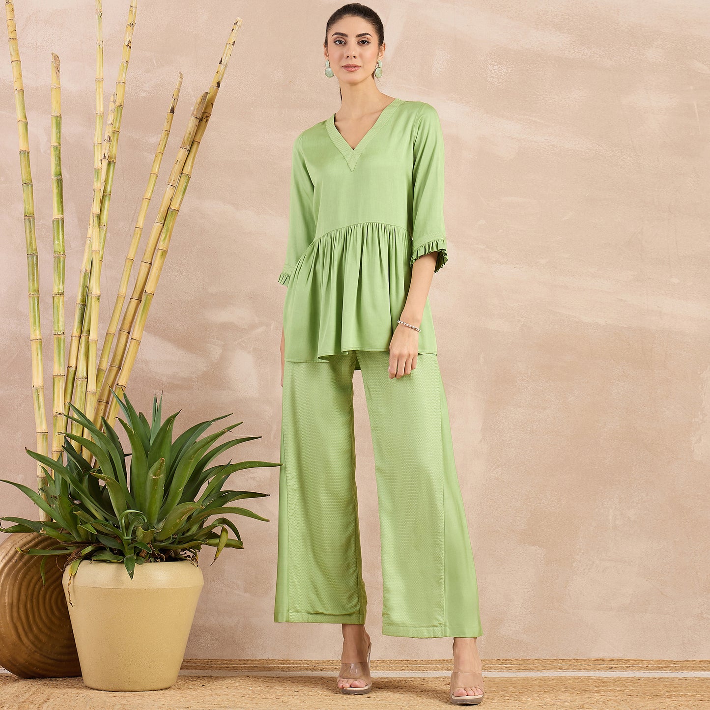 Pastel Green Herringbone V-Neck Peplum Top and Flared Trouser Set