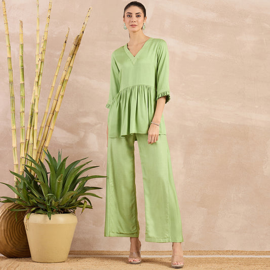 Pastel Green Herringbone V-Neck Peplum Top and Flared Trouser Set