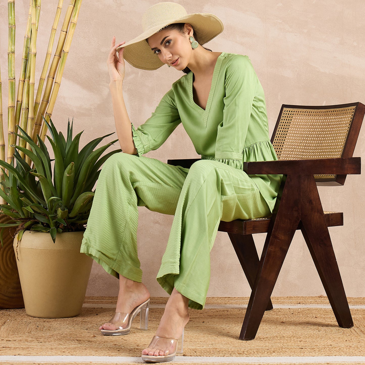 Pastel Green Herringbone V-Neck Peplum Top and Flared Trouser Set