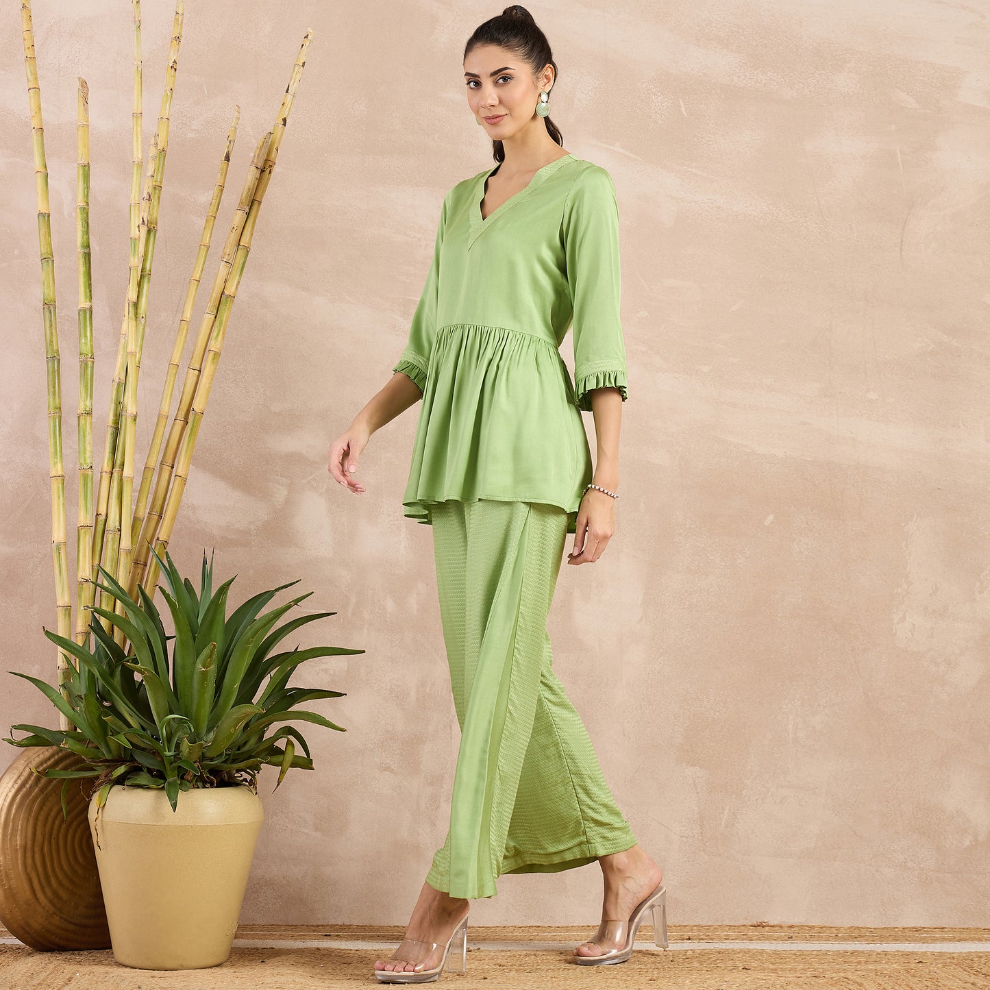 Pastel Green Herringbone V-Neck Peplum Top and Flared Trouser Set