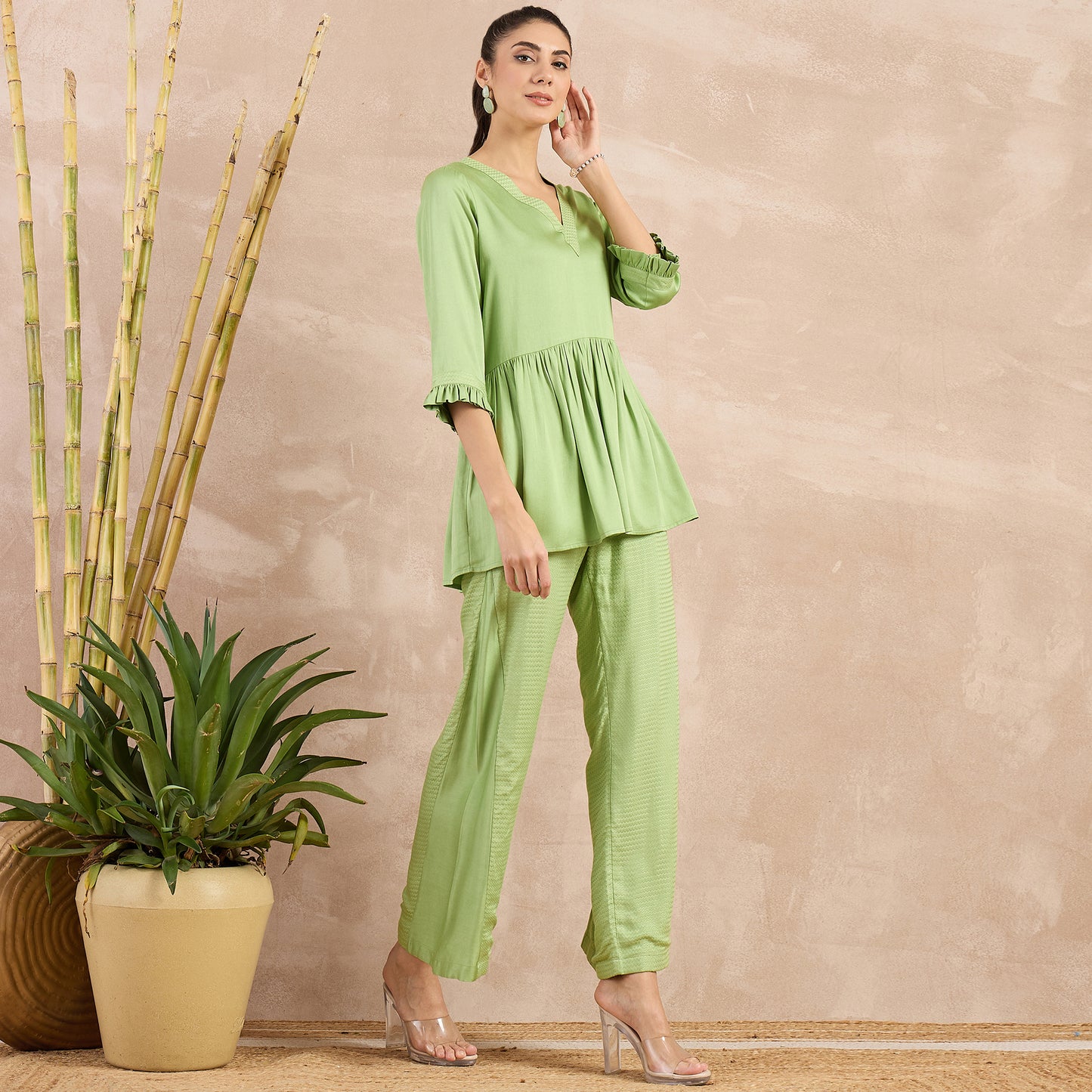 Pastel Green Herringbone V-Neck Peplum Top and Flared Trouser Set