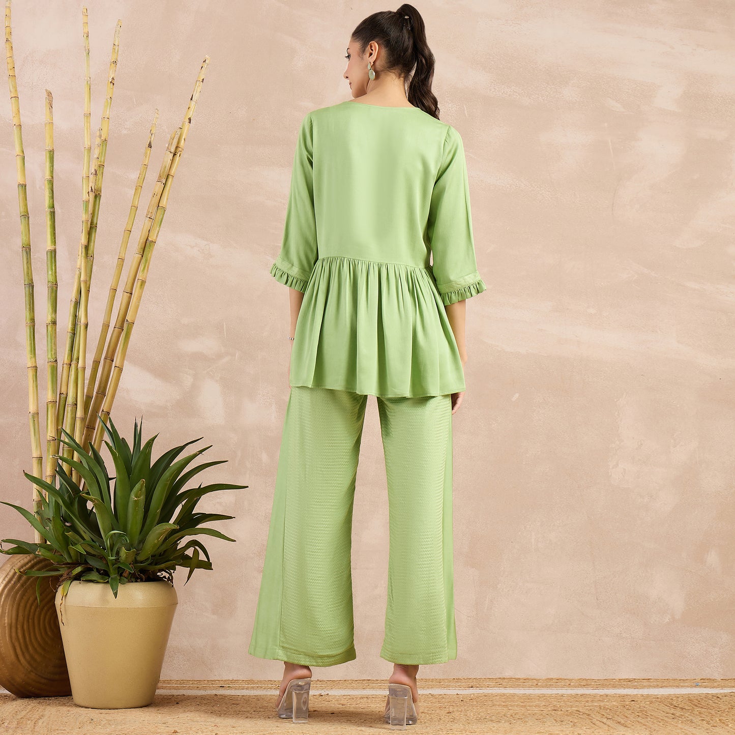 Pastel Green Herringbone V-Neck Peplum Top and Flared Trouser Set