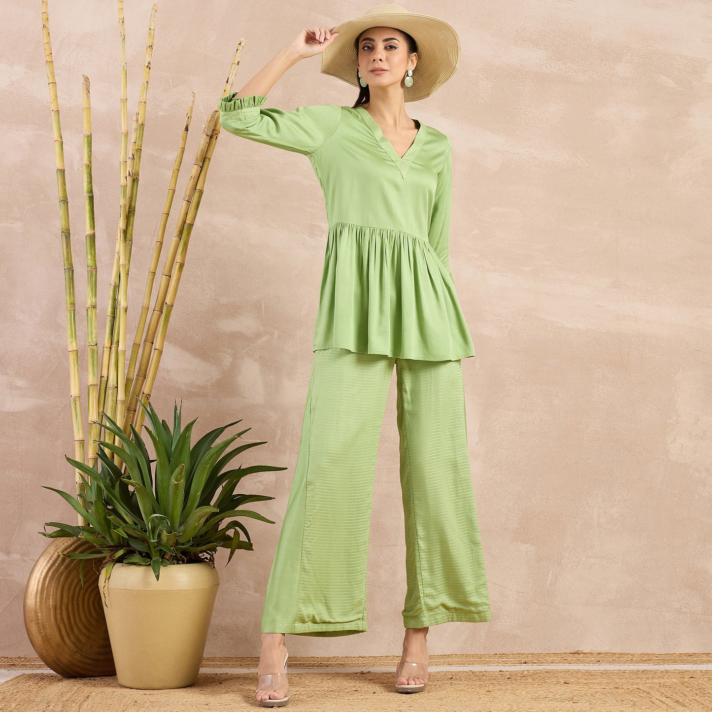 Pastel Green Herringbone V-Neck Peplum Top and Flared Trouser Set