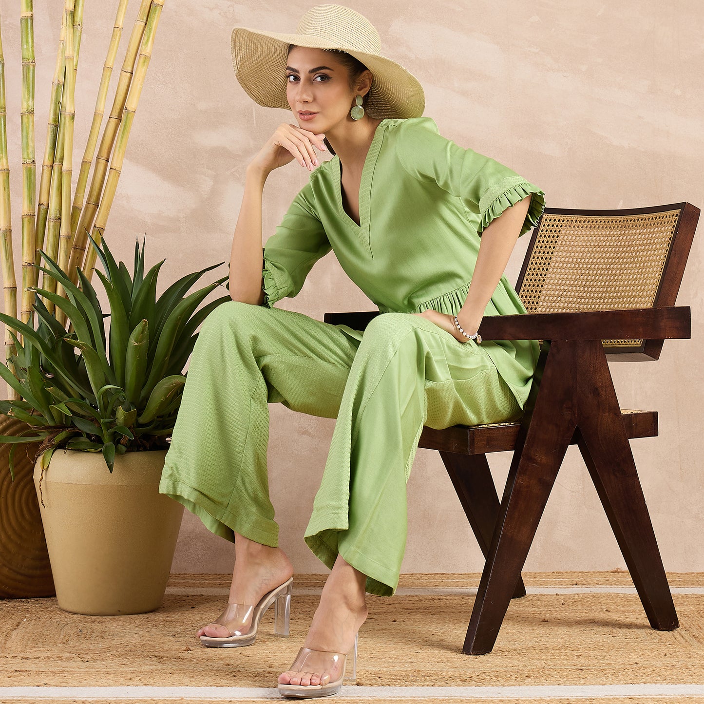 Pastel Green Herringbone V-Neck Peplum Top and Flared Trouser Set