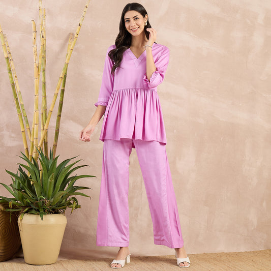 Purple Herringbone V-Neck Peplum Top and Flared Trouser Set