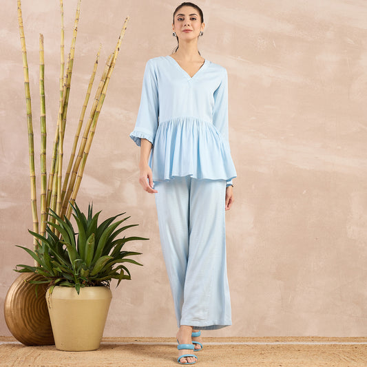 Sky Blue Herringbone V-Neck Peplum Top and Flared Trouser Set