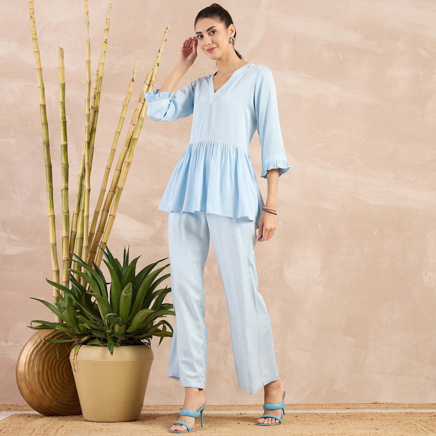 Sky Blue Herringbone V-Neck Peplum Top and Flared Trouser Set