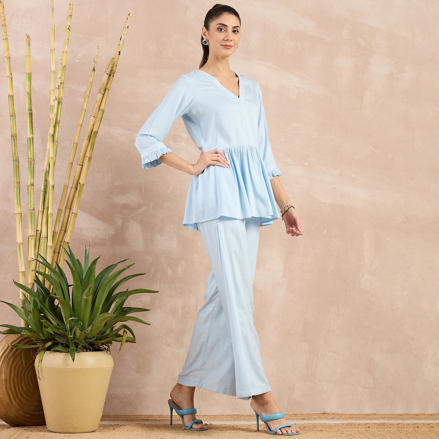 Sky Blue Herringbone V-Neck Peplum Top and Flared Trouser Set