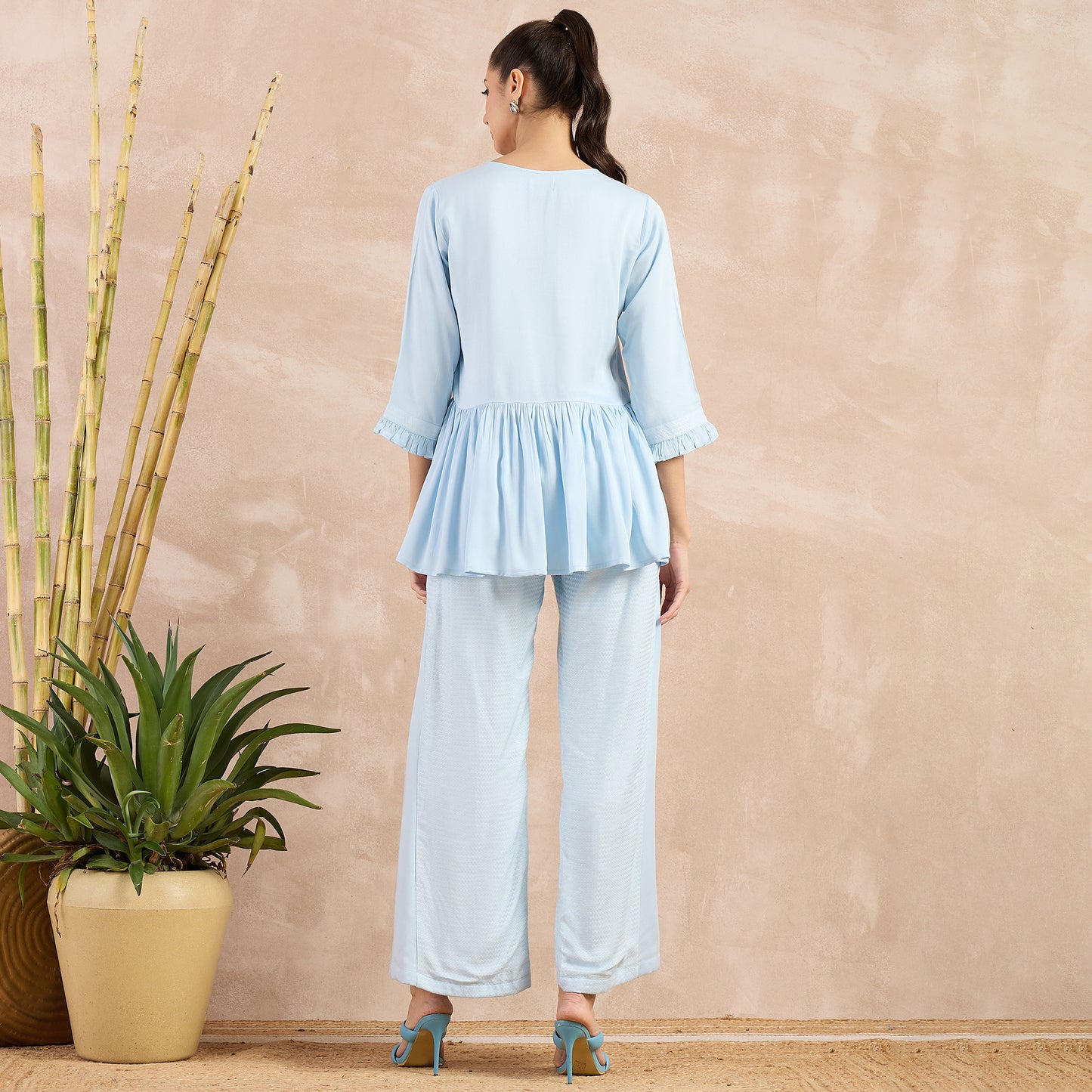 Sky Blue Herringbone V-Neck Peplum Top and Flared Trouser Set