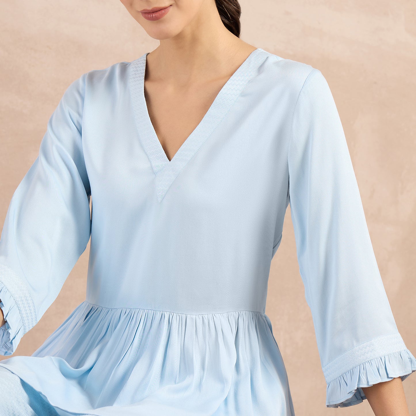 Sky Blue Herringbone V-Neck Peplum Top and Flared Trouser Set