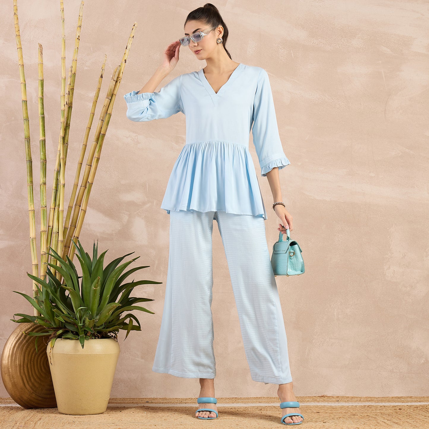 Sky Blue Herringbone V-Neck Peplum Top and Flared Trouser Set