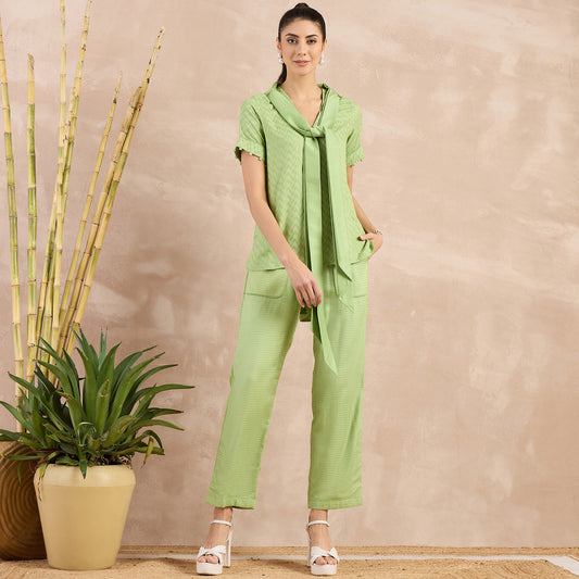 Pastel Green Herringbone High-Low Top with Belt and Trouser Set