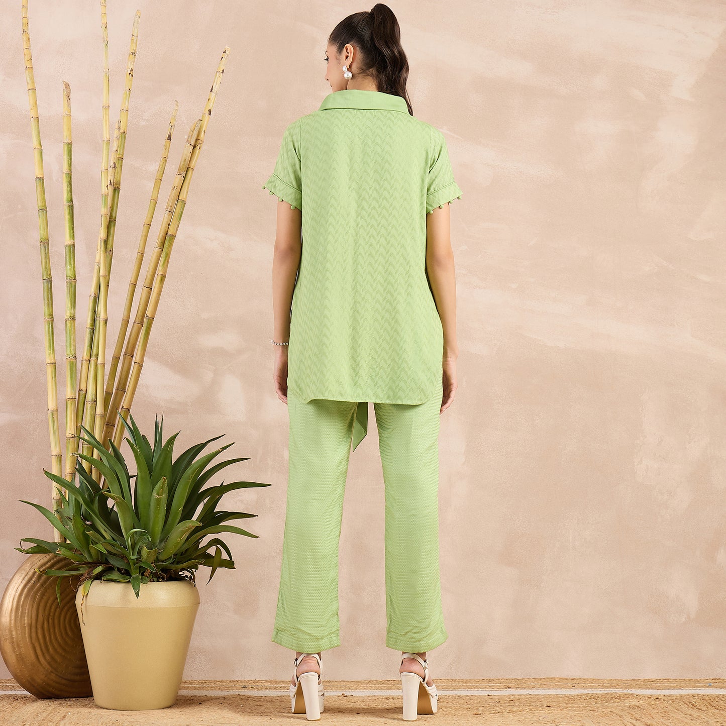 Pastel Green Herringbone High-Low Top with Belt and Trouser Set