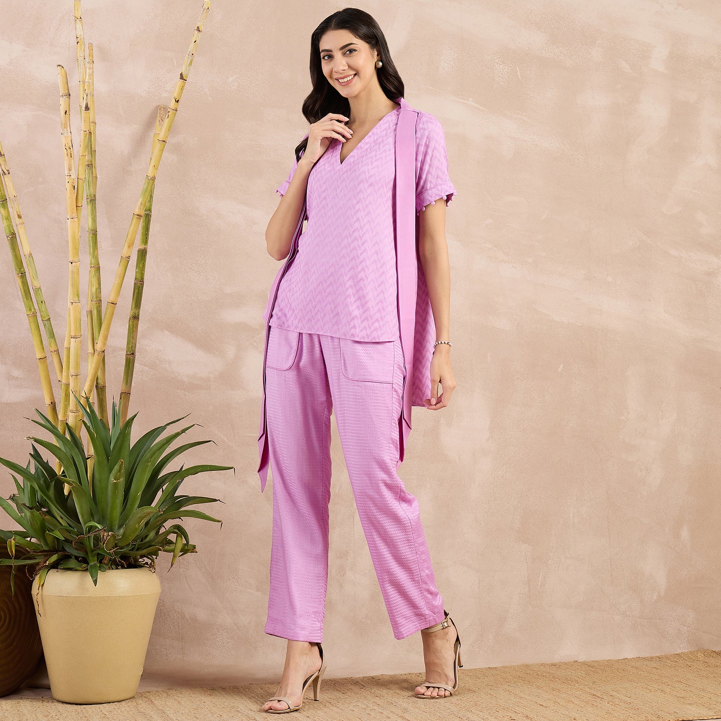 Purple Herringbone High-Low Top with Belt and Trouser Set