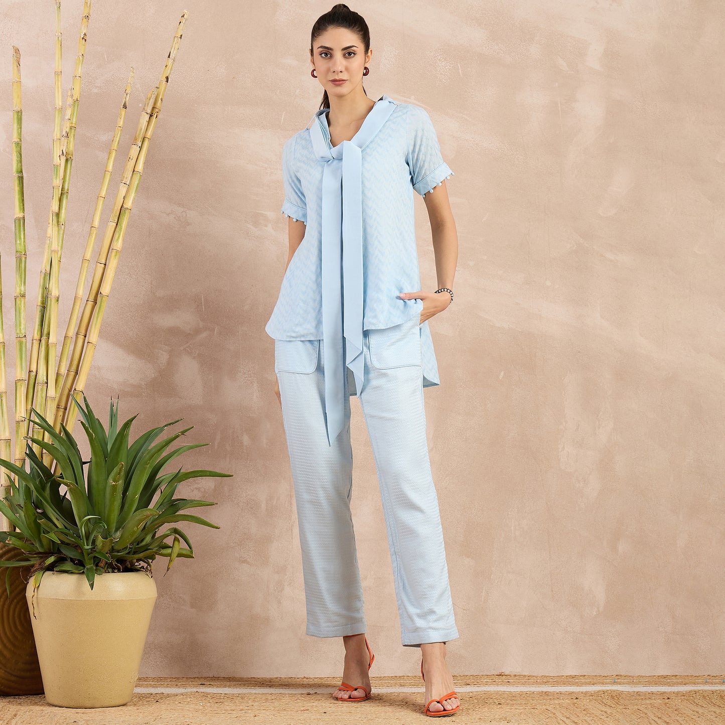 Sky Blue Herringbone High-Low Top with Belt and Trouser Set