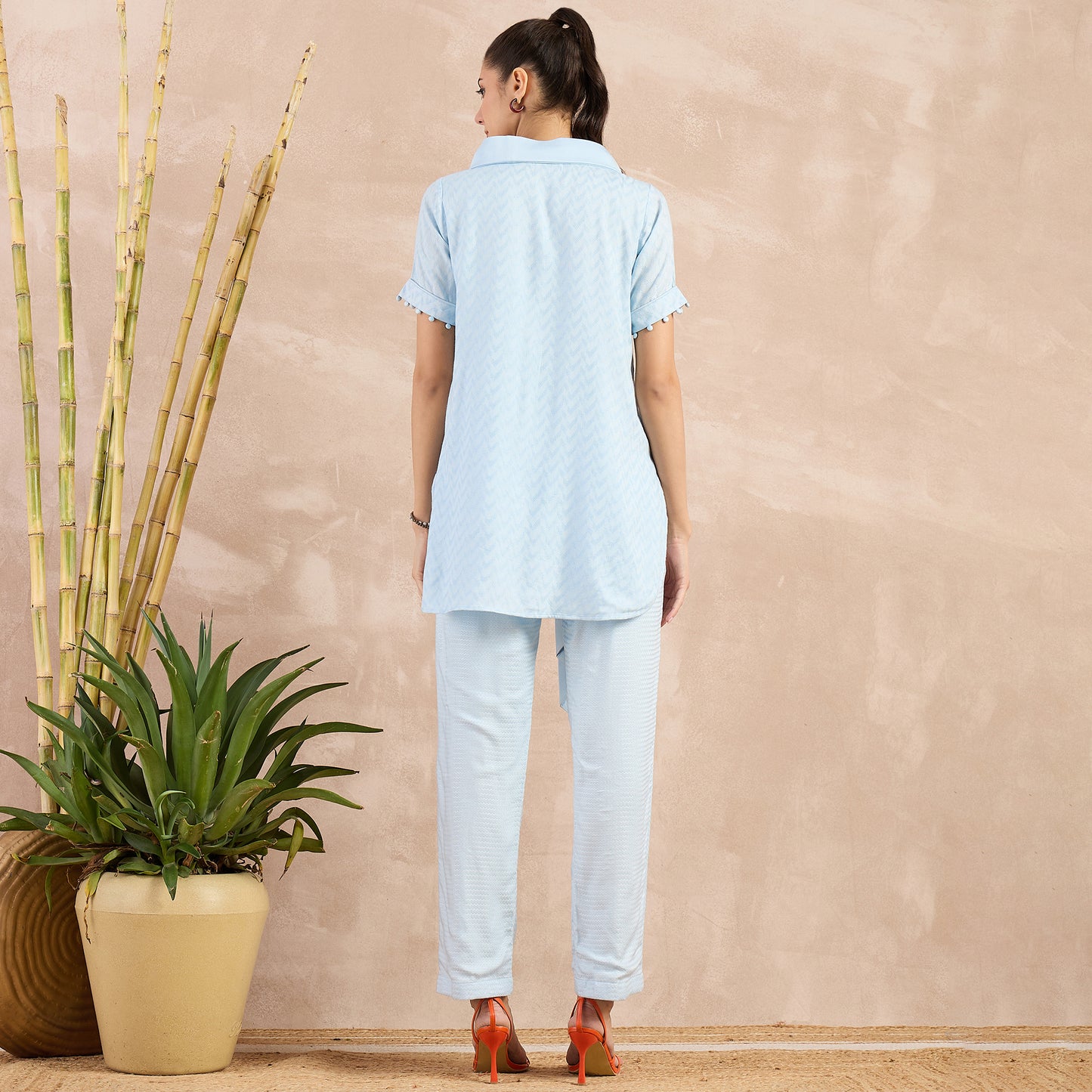 Sky Blue Herringbone High-Low Top with Belt and Trouser Set