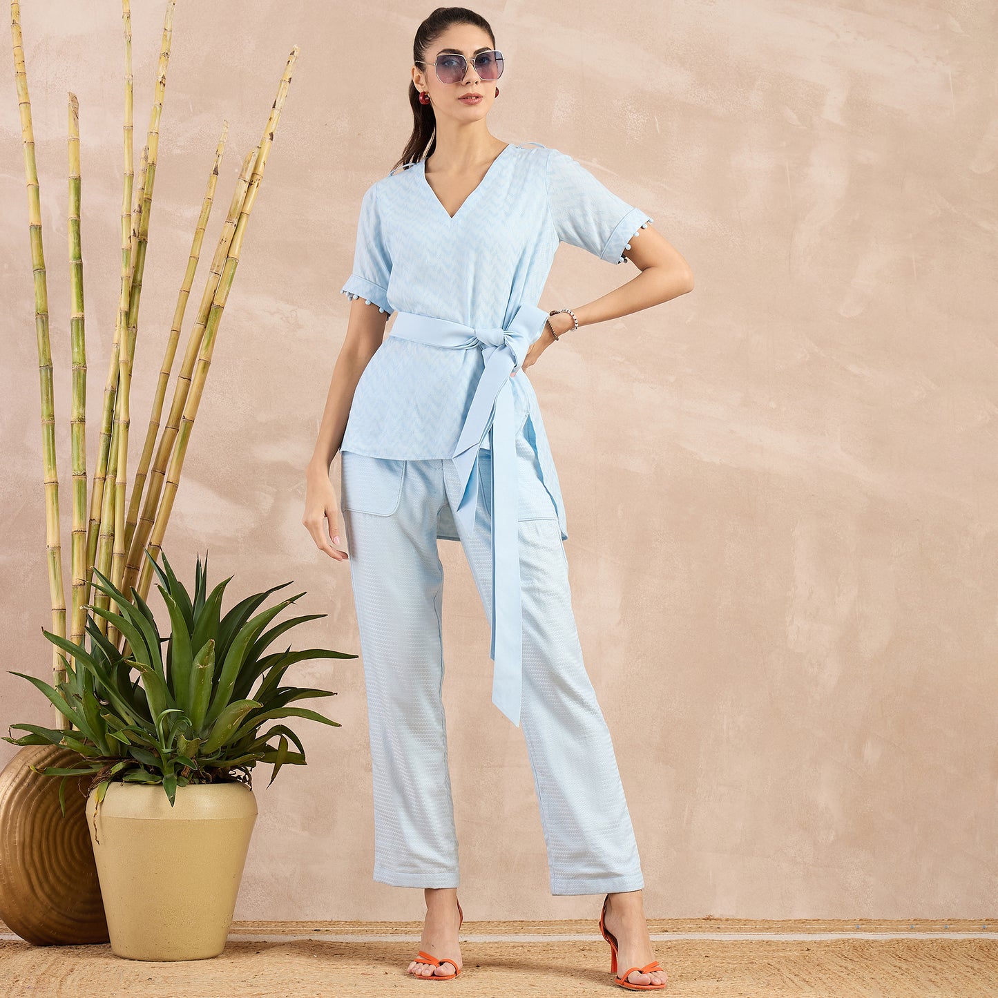 Sky Blue Herringbone High-Low Top with Belt and Trouser Set