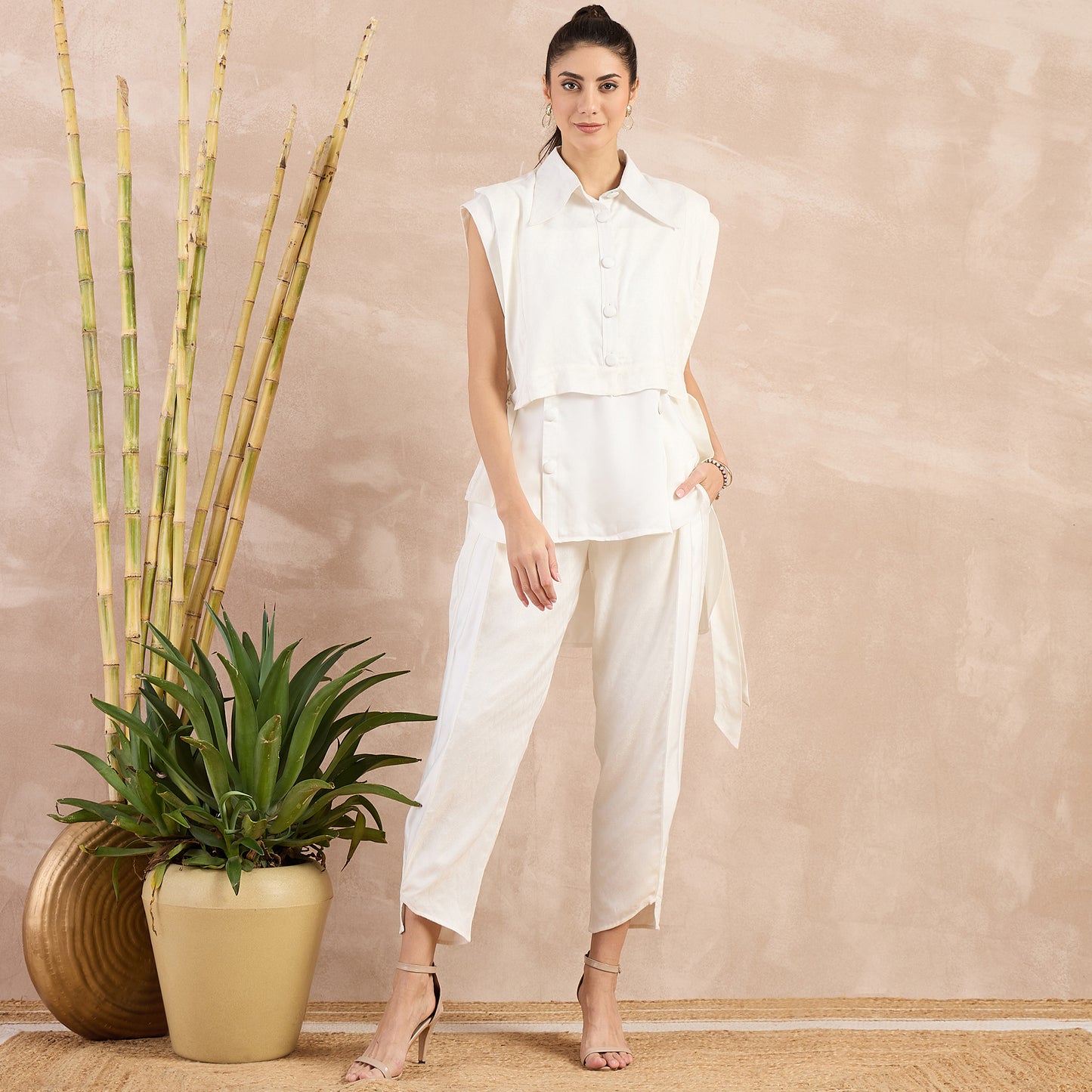 Off-White High-Low Sleeveless Top with Herringbone Bib and Trouser Set