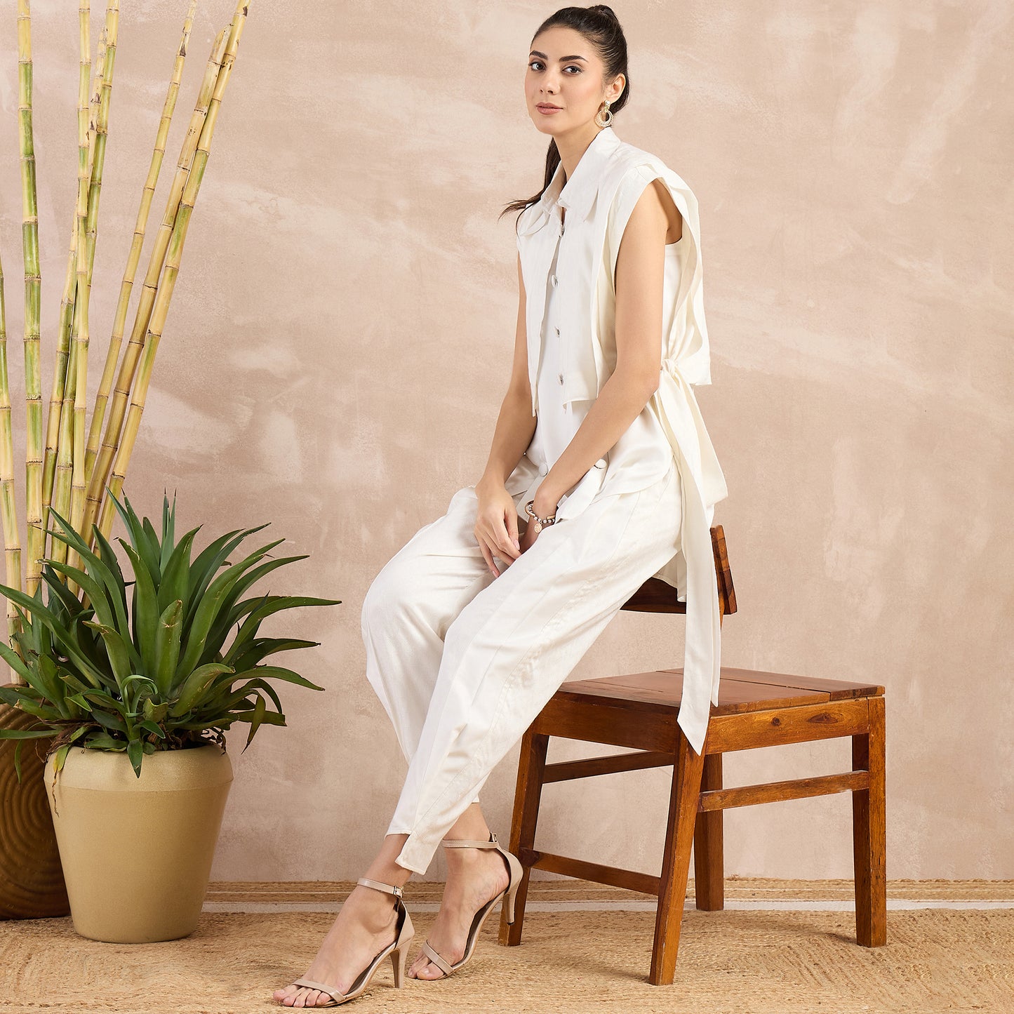 Off-White High-Low Sleeveless Top with Herringbone Bib and Trouser Set