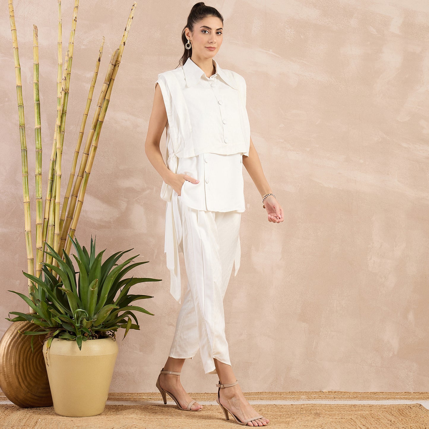 Off-White High-Low Sleeveless Top with Herringbone Bib and Trouser Set