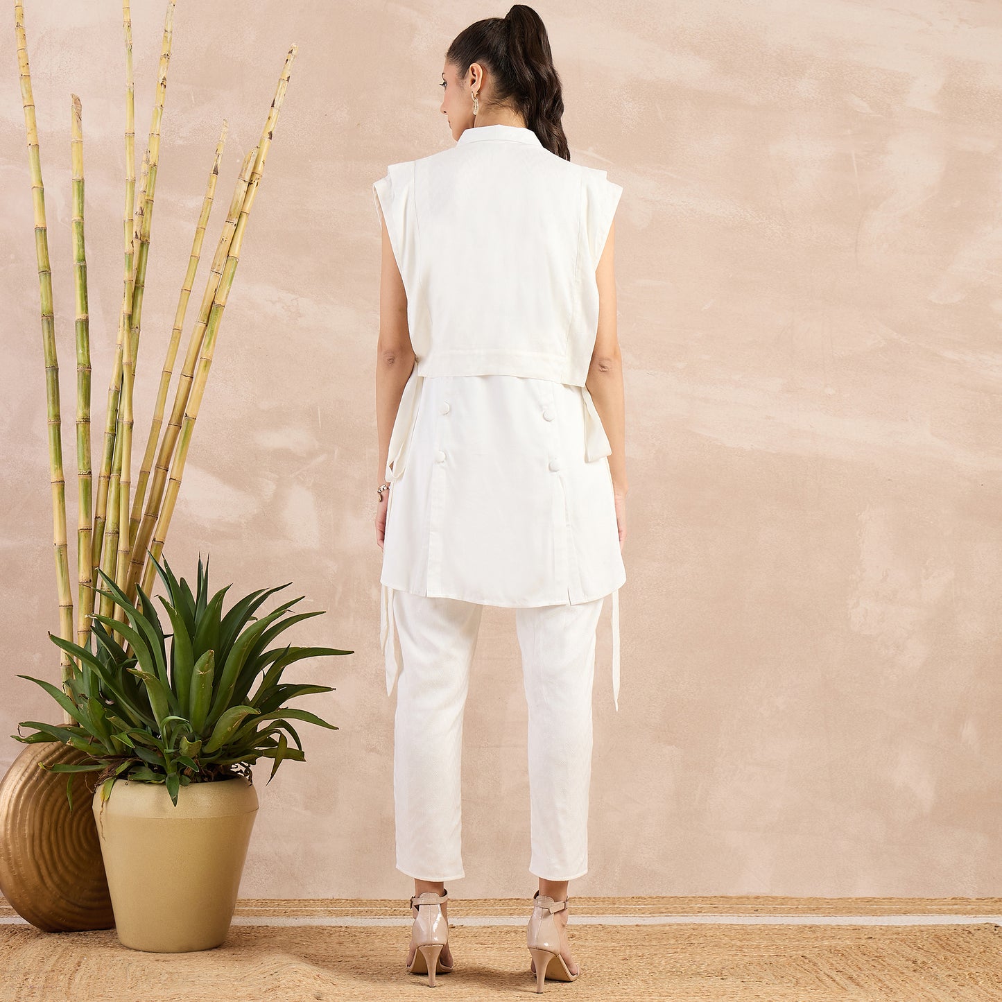 Off-White High-Low Sleeveless Top with Herringbone Bib and Trouser Set