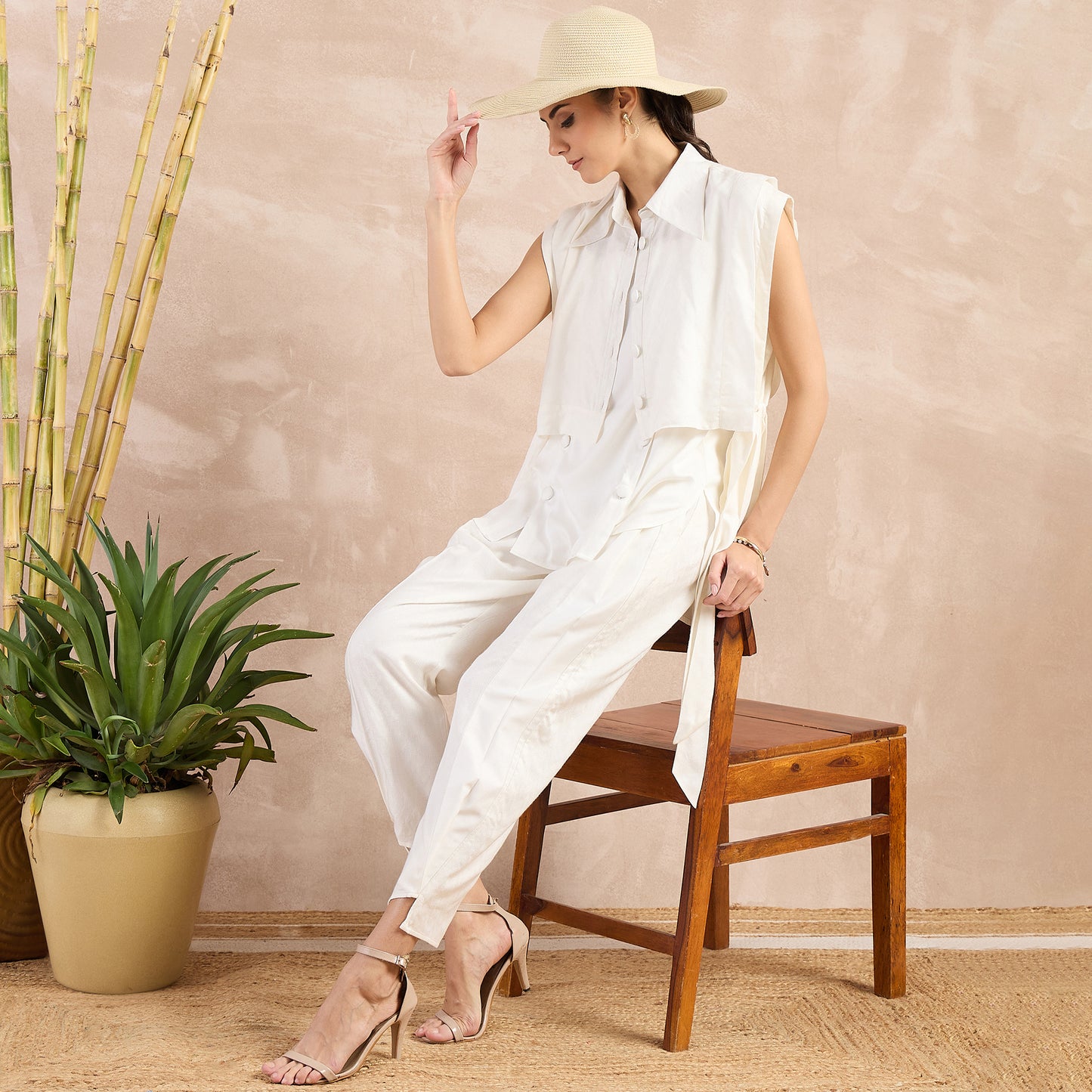 Off-White High-Low Sleeveless Top with Herringbone Bib and Trouser Set