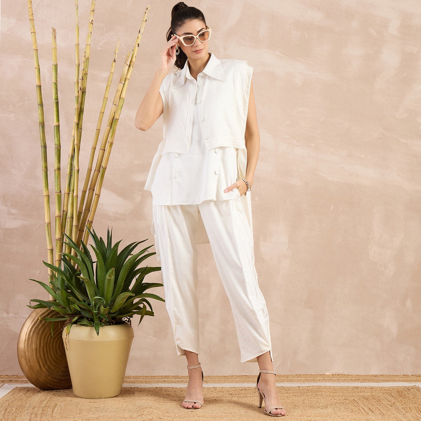 Off-White High-Low Sleeveless Top with Herringbone Bib and Trouser Set