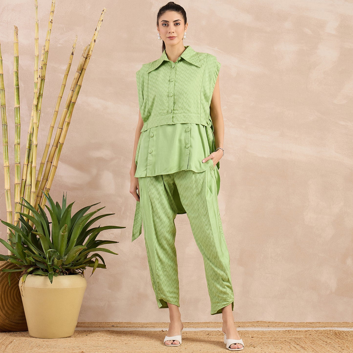 Pastel Green High-Low Sleeveless Top with Herringbone Bib and Trouser Set