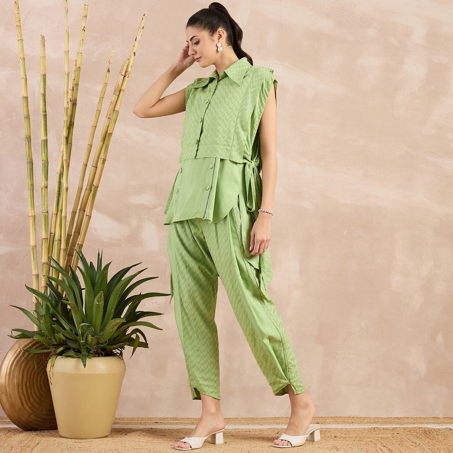 Pastel Green High-Low Sleeveless Top with Herringbone Bib and Trouser Set