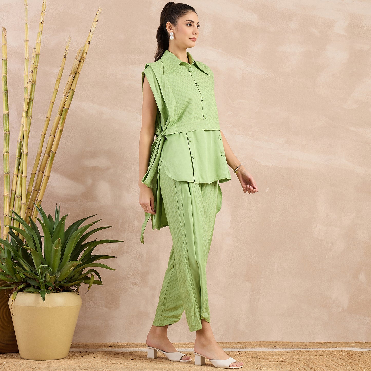 Pastel Green High-Low Sleeveless Top with Herringbone Bib and Trouser Set