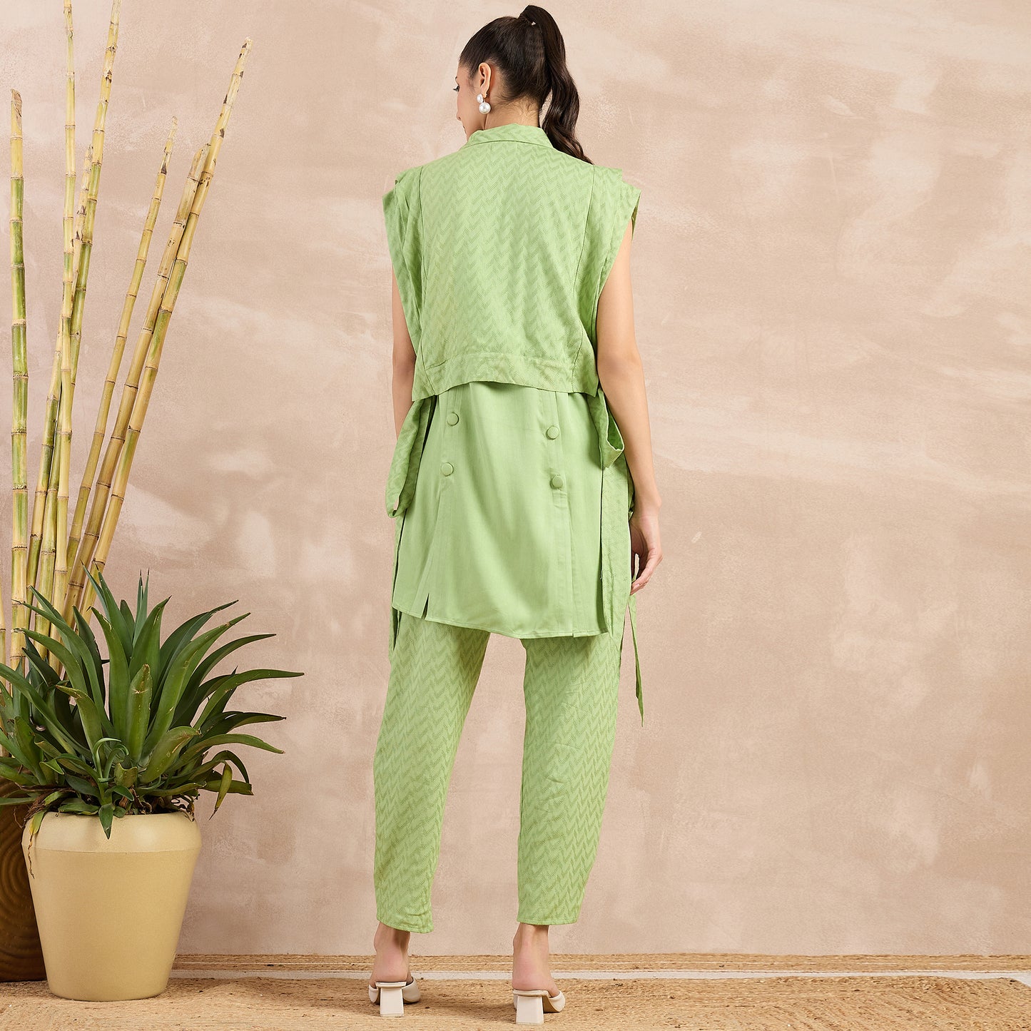 Pastel Green High-Low Sleeveless Top with Herringbone Bib and Trouser Set