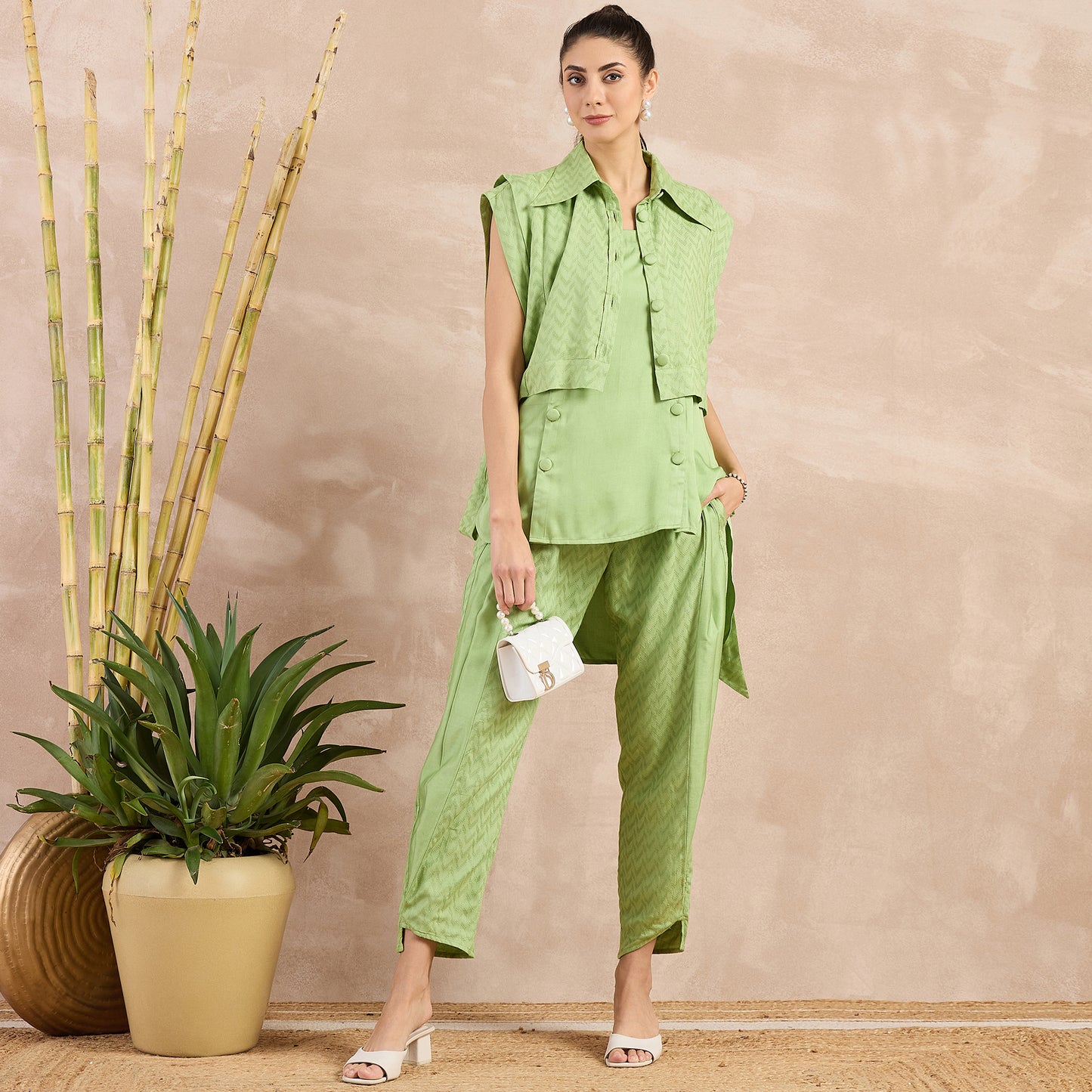 Pastel Green High-Low Sleeveless Top with Herringbone Bib and Trouser Set