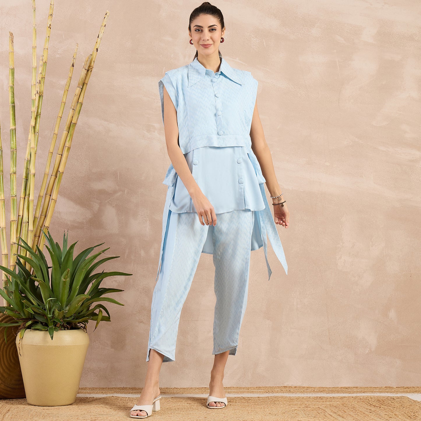 Sky Blue High-Low Sleeveless Top with Herringbone Bib and Trouser Set