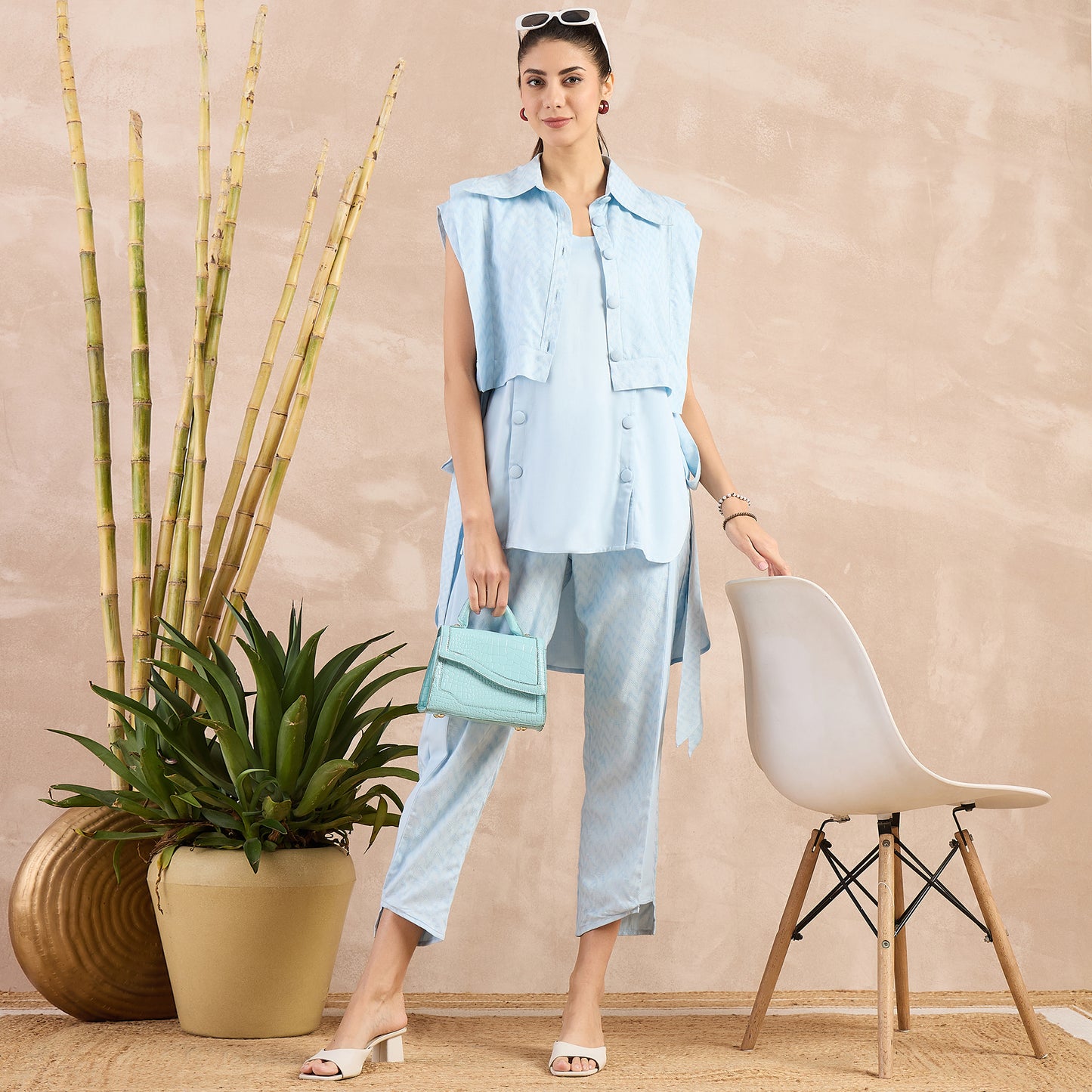 Sky Blue High-Low Sleeveless Top with Herringbone Bib and Trouser Set