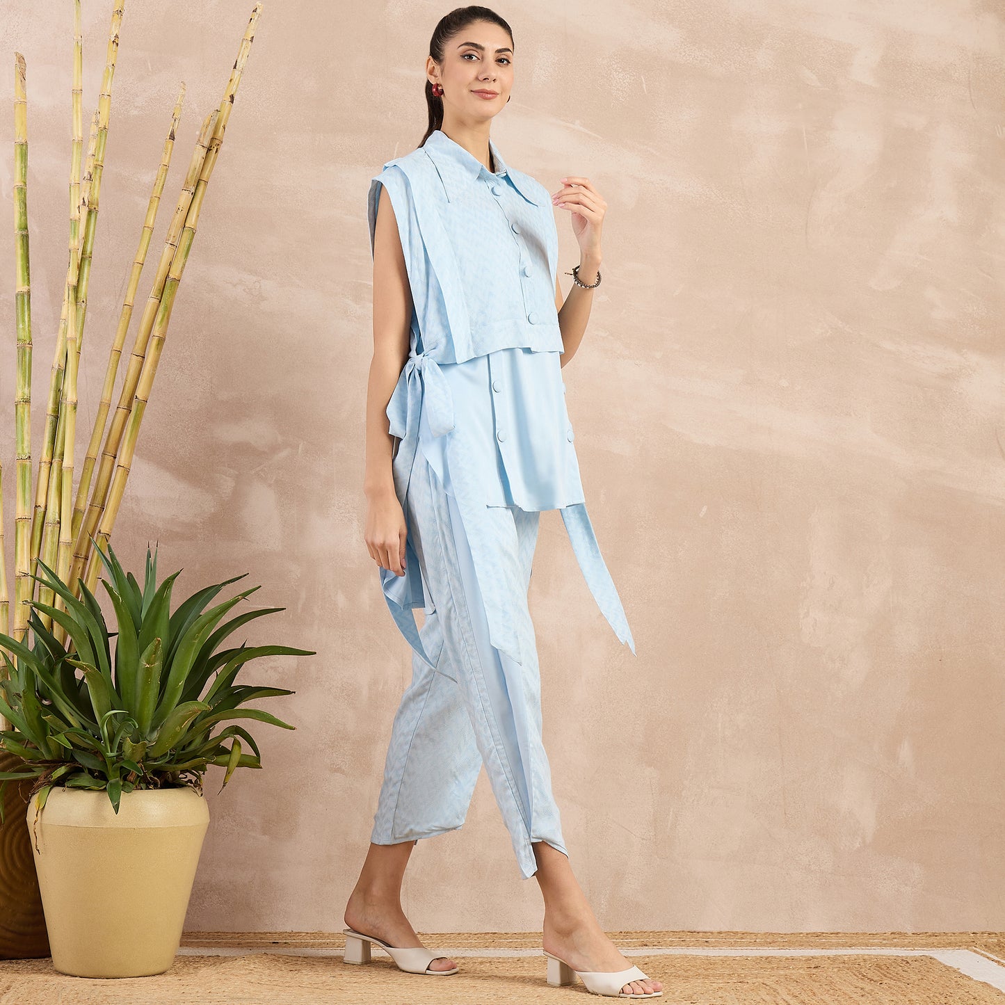 Sky Blue High-Low Sleeveless Top with Herringbone Bib and Trouser Set