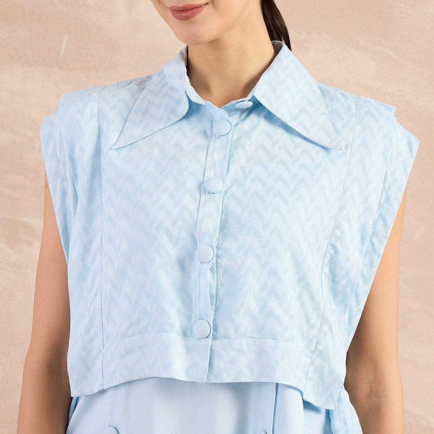 Sky Blue High-Low Sleeveless Top with Herringbone Bib and Trouser Set