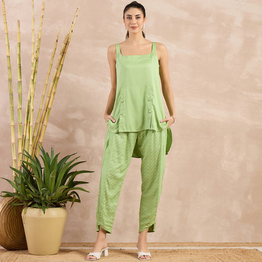 Pastel Green High-Low Sleeveless Top and Trouser Set